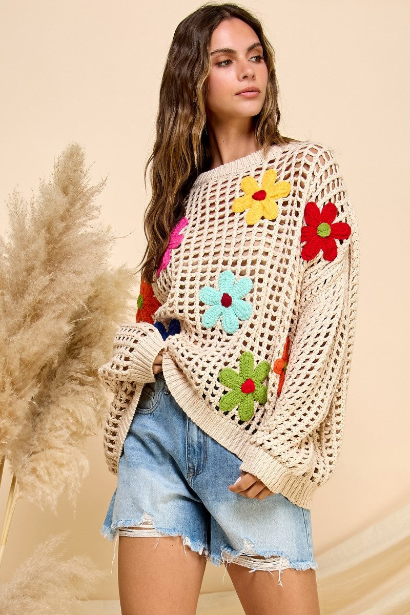 Floral Crochet Waffle Knit Sweater