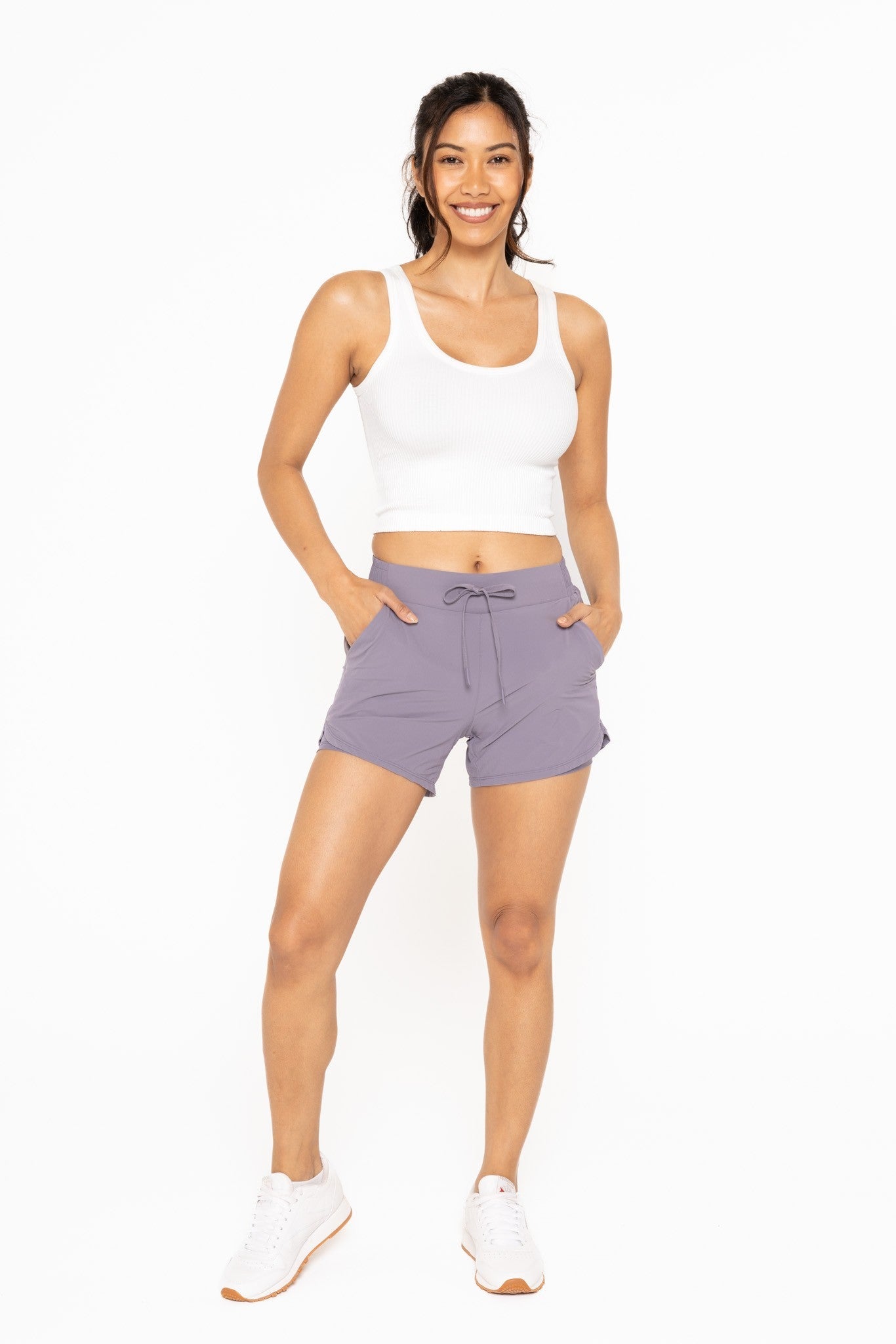 Mono B Lined Athleisure Shorts with Curved Hemline